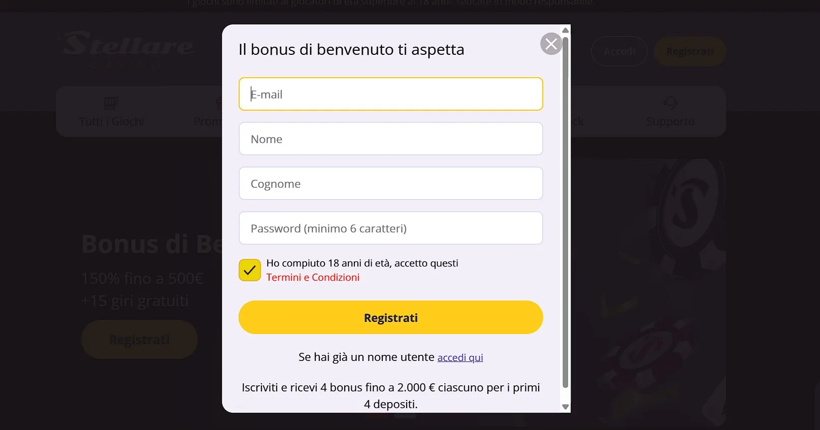 Modulo di registrazione e bonus di benvenuto di Stellare Casino