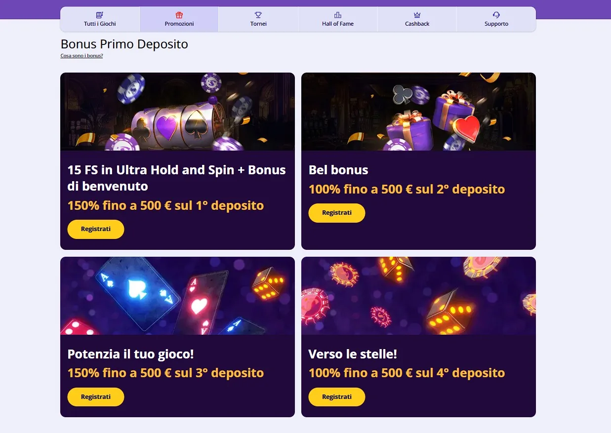 Pagina promozioni con i bonus sui depositi di Stellare Casino